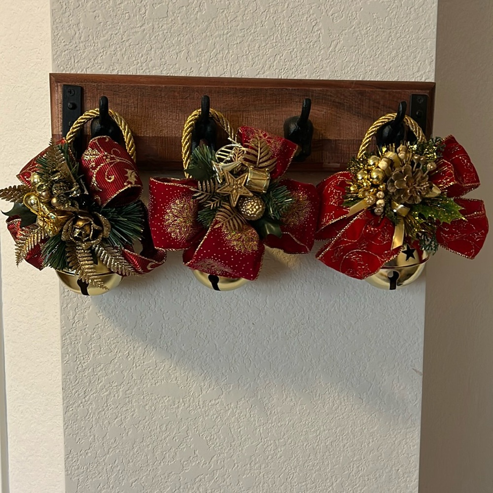 Set of three new large jingle bell door hangers with gold & red accents